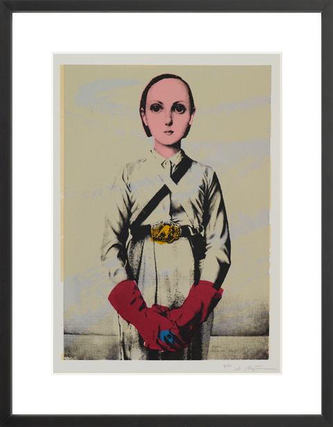Framed artwork of a woman in uniform with red gloves against a beige background.
