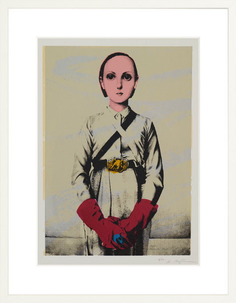 Framed artwork by Ellen de Meijer of a woman wearing a uniform with red gloves on a beige background.