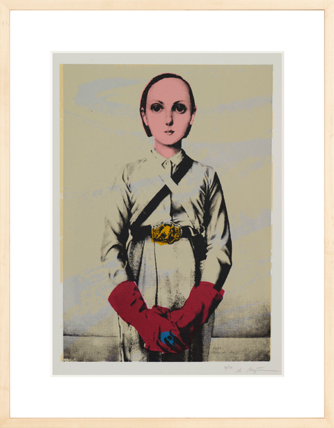 Framed artwork of a woman in uniform with red gloves on a beige background.