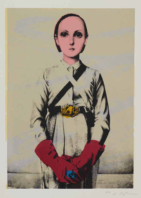 Artistic depiction of a woman in a uniform with red gloves on a beige background